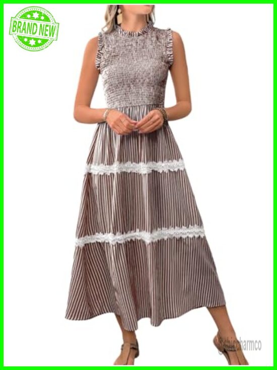 Dresses & Skirts - Striped Midi Dress Casual Flowy Smocked Sundress Lace Trim Sleeveless
